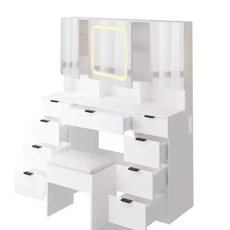 Grande coiffeuse avec 3 miroirs ouvrants et lumières LED