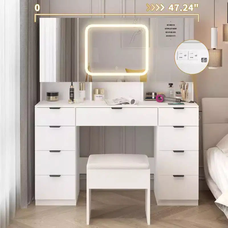 Grande coiffeuse avec 3 miroirs ouvrants et lumières LED