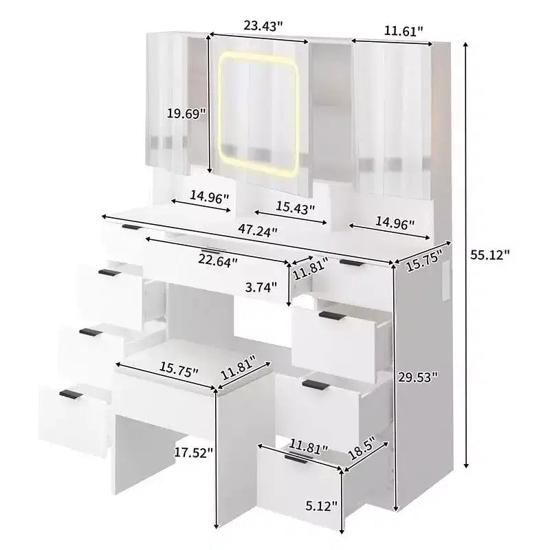 Grande coiffeuse avec 3 miroirs ouvrants et lumières LED