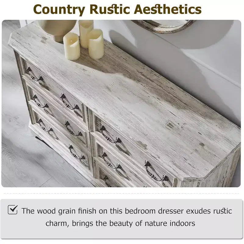 Commode à 6 tiroirs pour chambre à coucher, commode rustique en bois de style ferme, commode vintage de 54 po de largeur pour salon