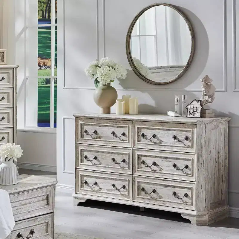 Commode à 6 tiroirs pour chambre à coucher, commode rustique en bois de style ferme, commode vintage de 54 po de largeur pour salon