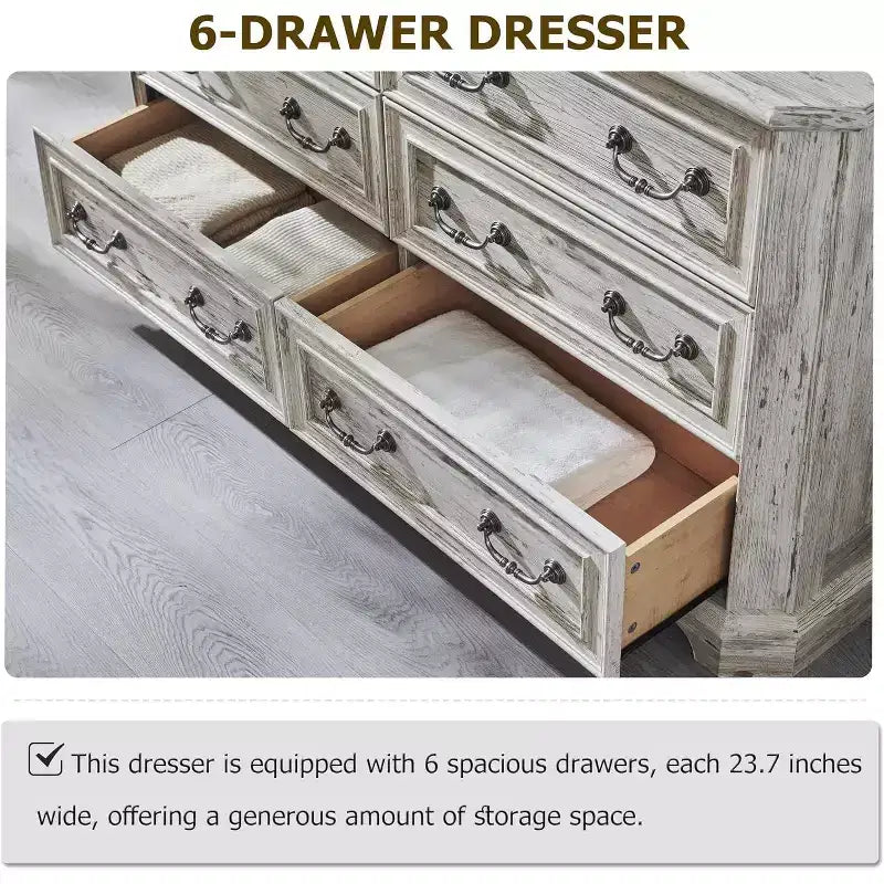 Commode à 6 tiroirs pour chambre à coucher, commode rustique en bois de style ferme, commode vintage de 54 po de largeur pour salon