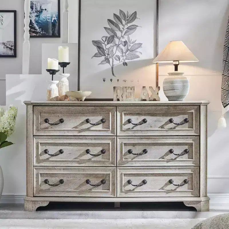 Commode à 6 tiroirs pour chambre à coucher, commode rustique en bois de style ferme, commode vintage de 54 po de largeur pour salon