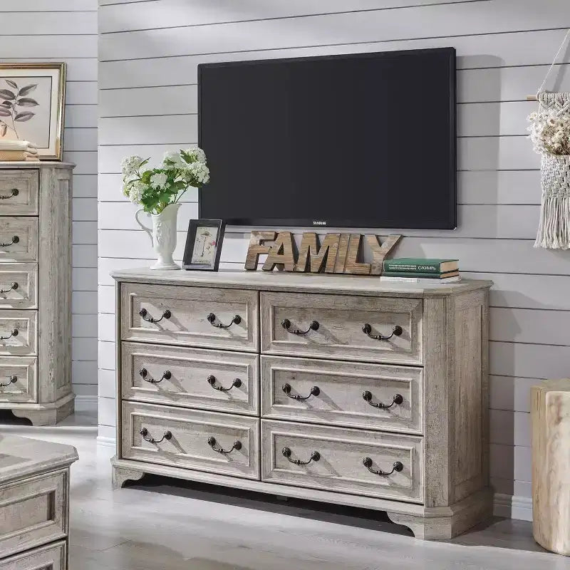 Commode à 6 tiroirs pour chambre à coucher, commode rustique en bois de style ferme, commode vintage de 54 po de largeur pour salon