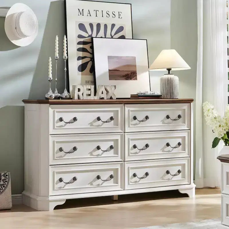 Commode à 6 tiroirs pour chambre à coucher, commode rustique en bois de style ferme, commode vintage de 54 po de largeur pour salon