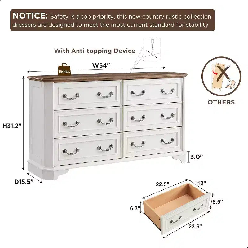 Commode à 6 tiroirs pour chambre à coucher, commode rustique en bois de style ferme, commode vintage de 54 po de largeur pour salon