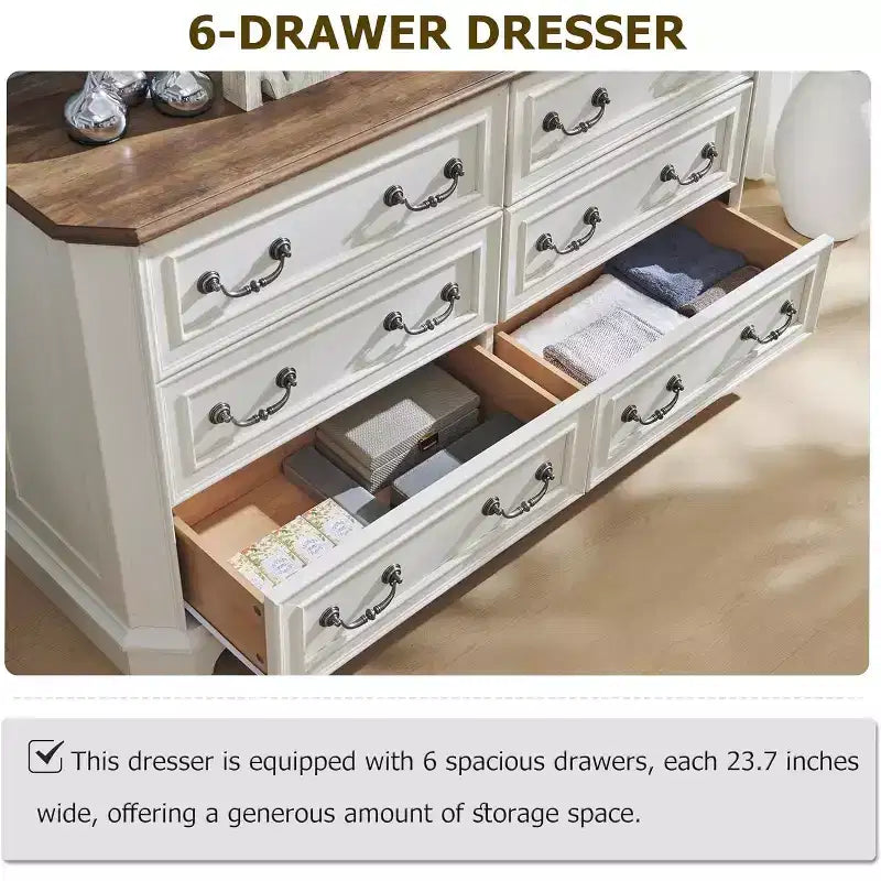 Commode à 6 tiroirs pour chambre à coucher, commode rustique en bois de style ferme, commode vintage de 54 po de largeur pour salon