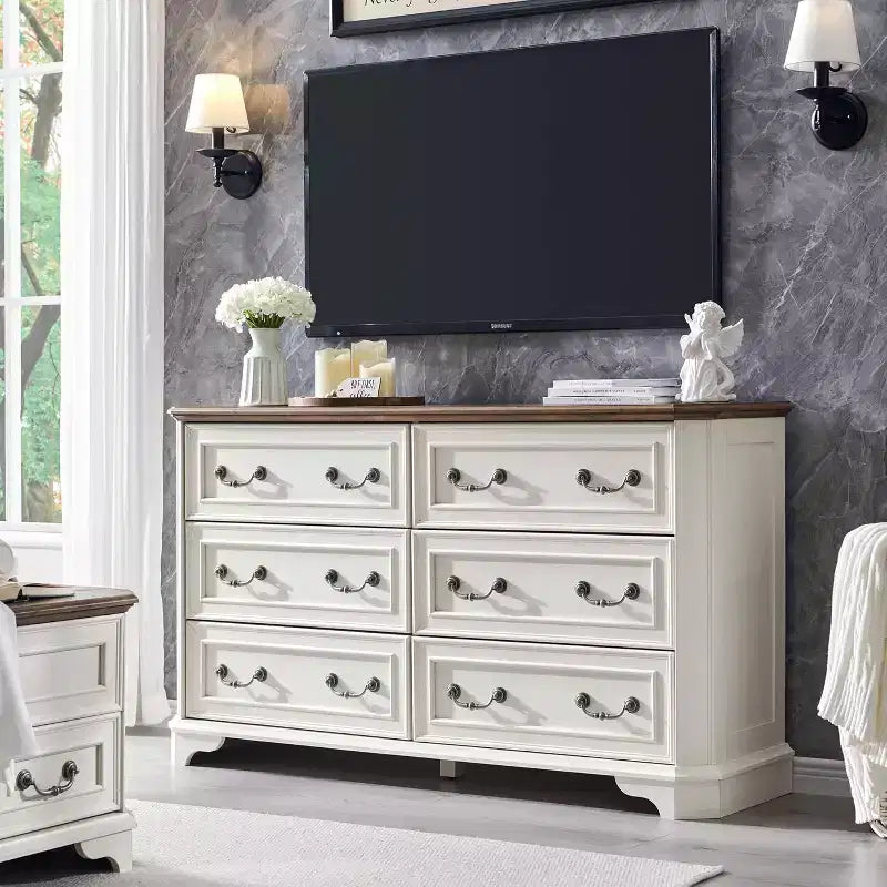 Commode à 6 tiroirs pour chambre à coucher, commode rustique en bois de style ferme, commode vintage de 54 po de largeur pour salon