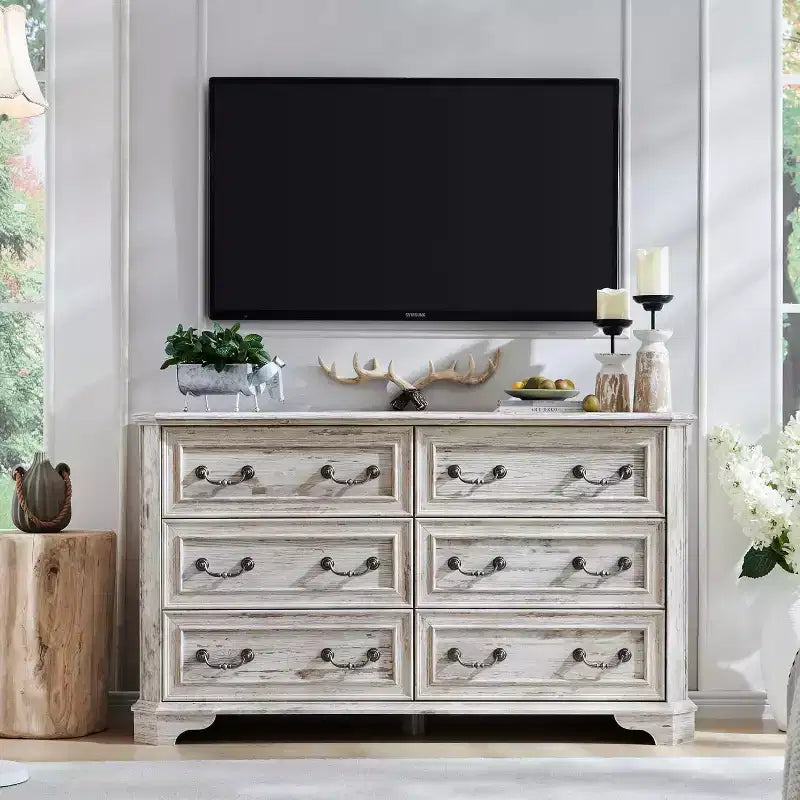 Commode à 6 tiroirs pour chambre à coucher, commode rustique en bois de style ferme, commode vintage de 54 po de largeur pour salon