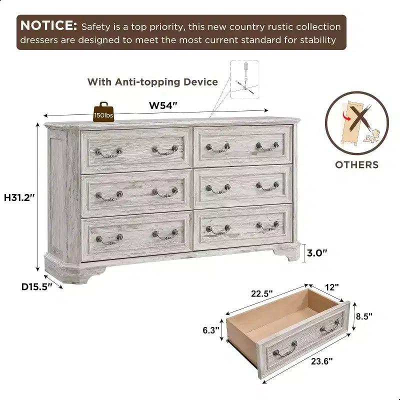 Commode à 6 tiroirs pour chambre à coucher, commode rustique en bois de style ferme, commode vintage de 54 po de largeur pour salon