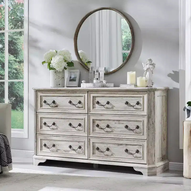 Commode à 6 tiroirs pour chambre à coucher, commode rustique en bois de style ferme, commode vintage de 54 po de largeur pour salon