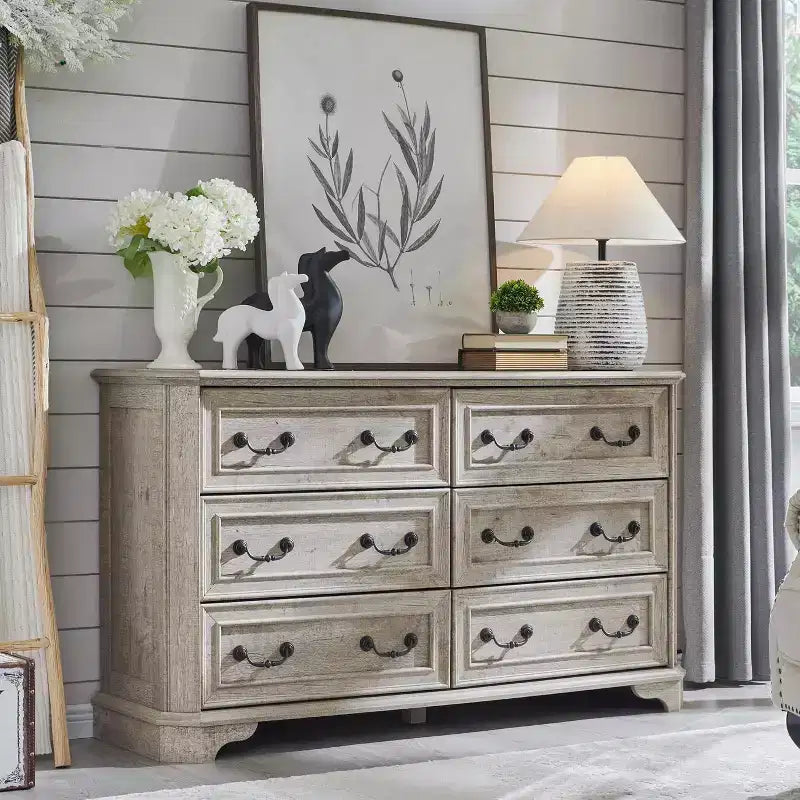 Commode à 6 tiroirs pour chambre à coucher, commode rustique en bois de style ferme, commode vintage de 54 po de largeur pour salon