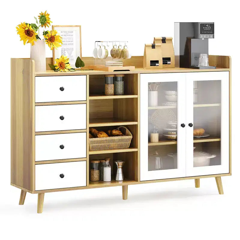 Buffet moderne avec bar à café, étagères réglables et portes vitrées pour cuisine/salle à manger