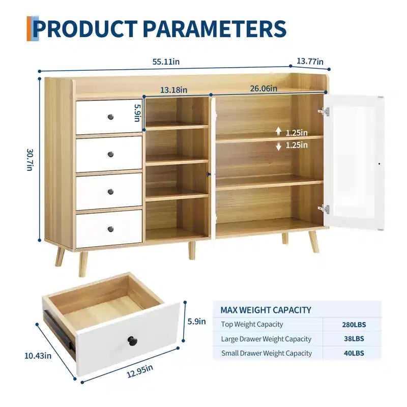 Buffet moderne avec bar à café, étagères réglables et portes vitrées pour cuisine/salle à manger