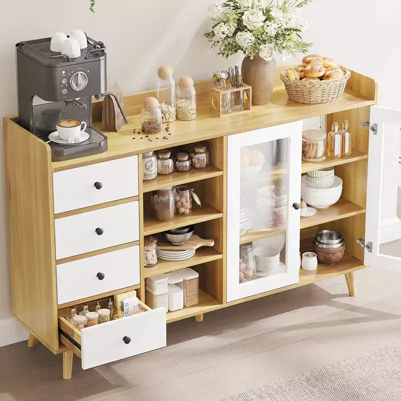Buffet moderne avec bar à café, étagères réglables et portes vitrées pour cuisine/salle à manger