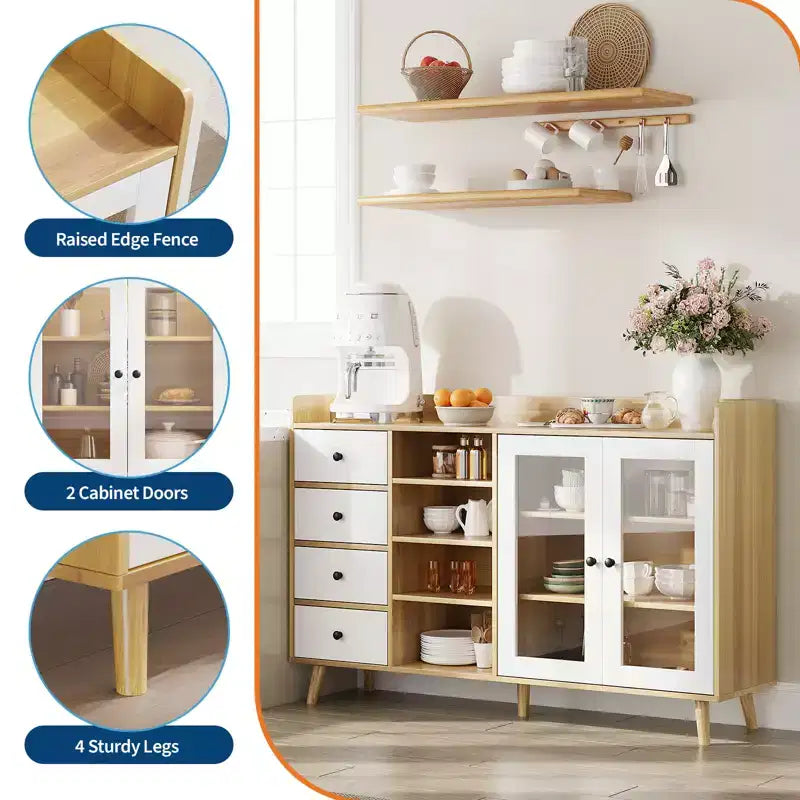 Buffet moderne avec bar à café, étagères réglables et portes vitrées pour cuisine/salle à manger