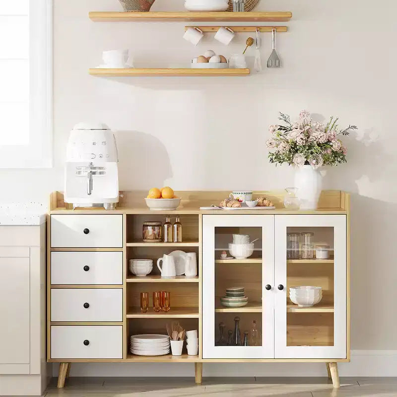 Buffet moderne avec bar à café, étagères réglables et portes vitrées pour cuisine/salle à manger
