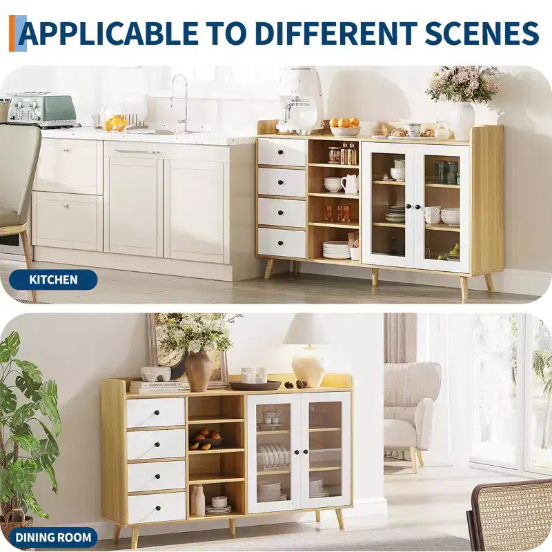 Buffet moderne avec bar à café, étagères réglables et portes vitrées pour cuisine/salle à manger