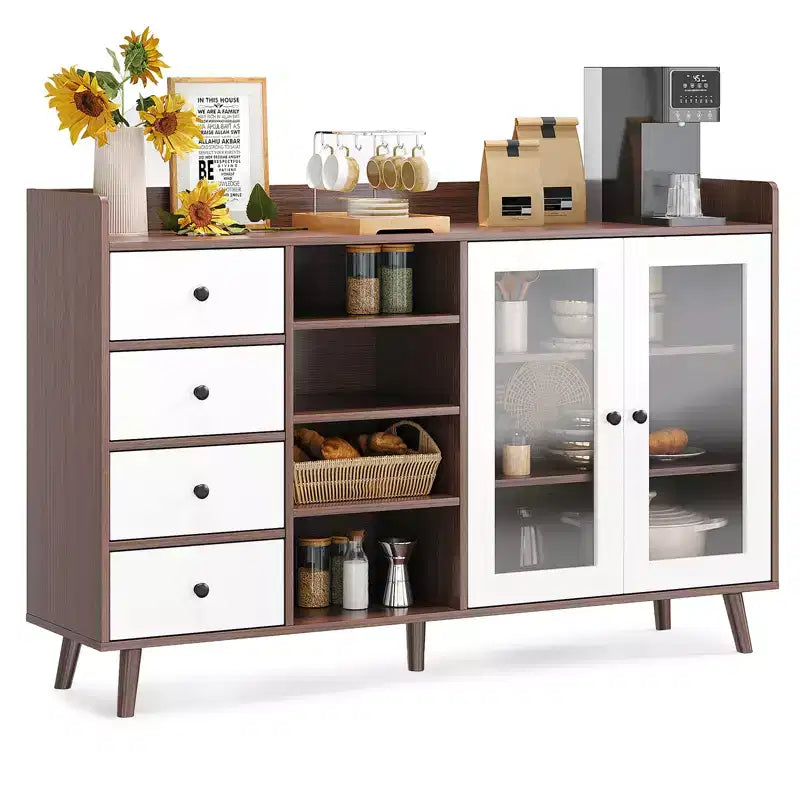 Buffet moderne avec bar à café, étagères réglables et portes vitrées pour cuisine/salle à manger