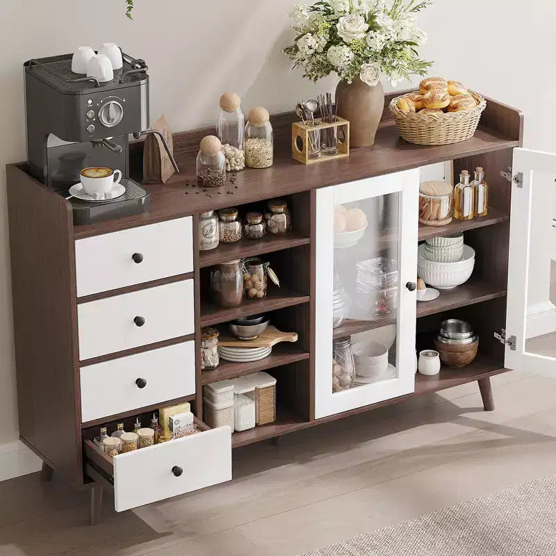 Buffet moderne avec bar à café, étagères réglables et portes vitrées pour cuisine/salle à manger