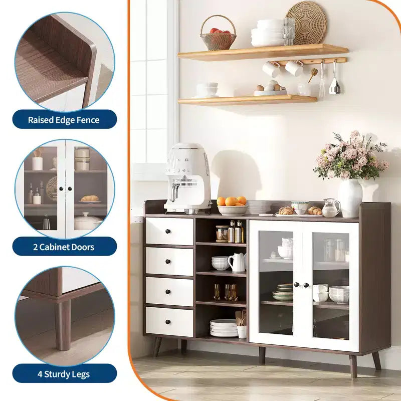 Buffet moderne avec bar à café, étagères réglables et portes vitrées pour cuisine/salle à manger
