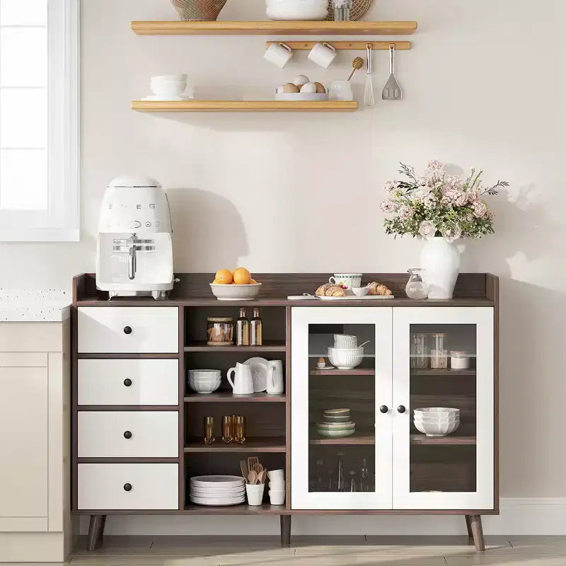 Buffet moderne avec bar à café, étagères réglables et portes vitrées pour cuisine/salle à manger