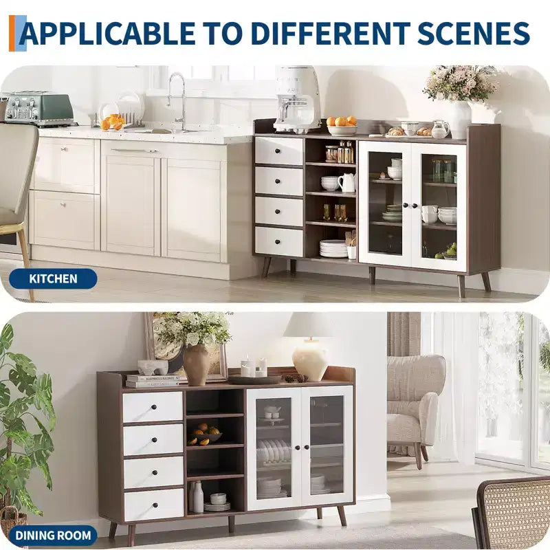 Buffet moderne avec bar à café, étagères réglables et portes vitrées pour cuisine/salle à manger
