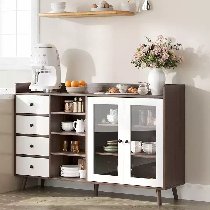 55 Modern Buffet Cabinet  Coffee Bar Station, Adjustable Shelves & Glass Doors for Kitchen/Dining Room