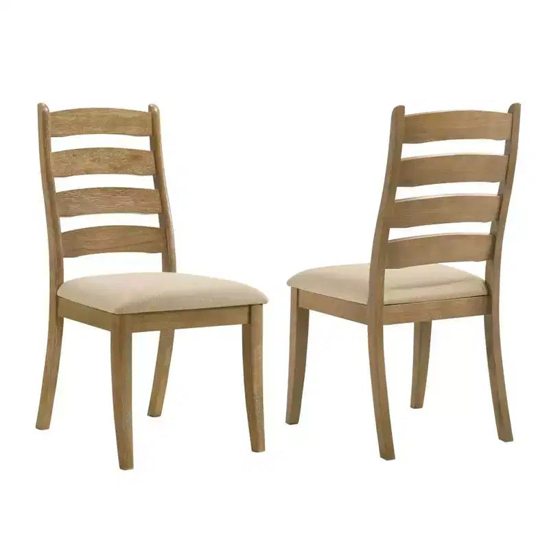 Simple Relax Set of 2 Upholstered Dining Chairs with Ladder Back in Brown Oak and Beige