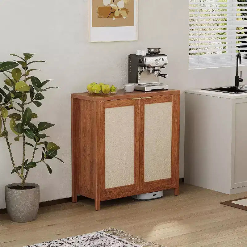 Farmhouse Rattan Wood Storage Cabinet, Adjustable Shelves Sideboard