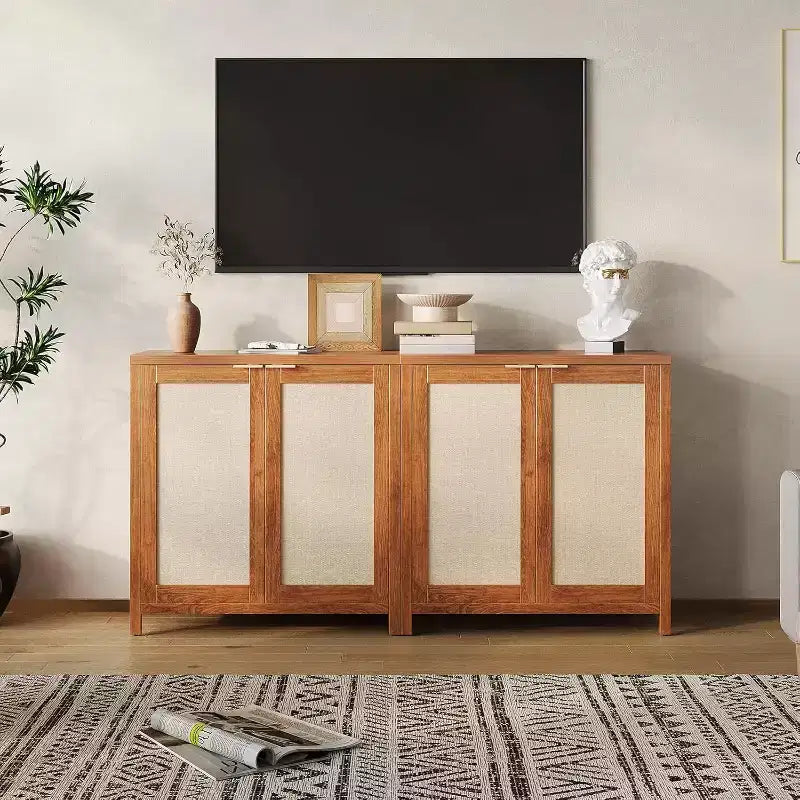 Buffet en bois de rotin de style ferme, armoire de rangement avec étagères réglables