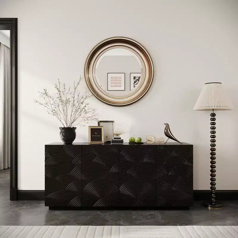 JVNOXK 59-inch Four-Door Modern Sideboard, Rectangular Storage Cabinet with Independent Anti-Tip Device, Suitable for Kitchens, Black