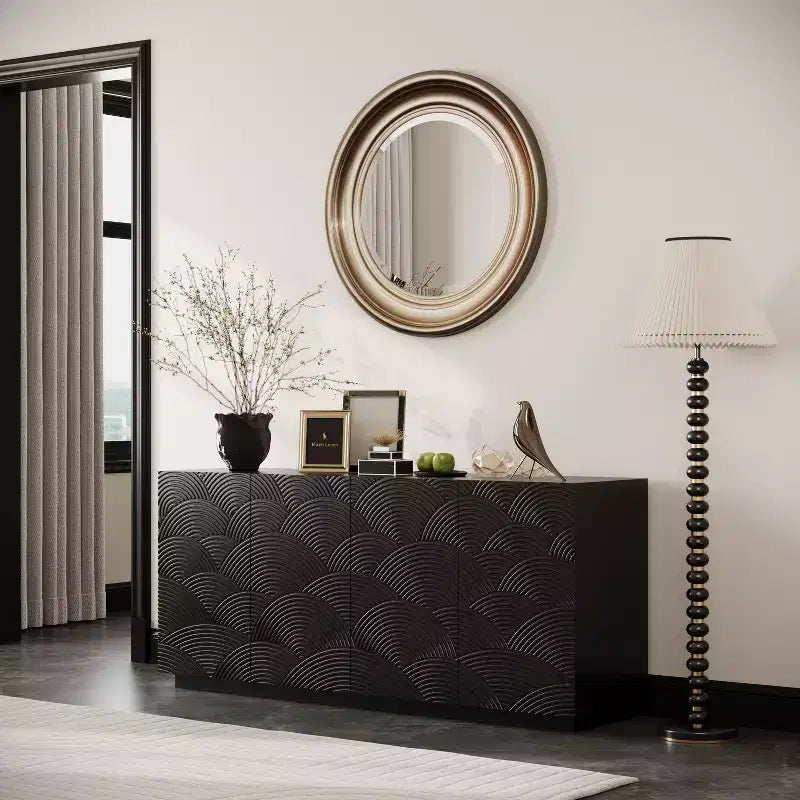 Buffet moderne à quatre portes de 150 cm, meuble de rangement rectangulaire avec dispositif anti-basculement indépendant, convient aux cuisines, noir