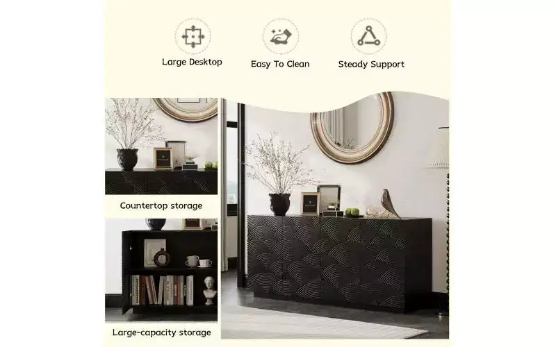 Buffet moderne à quatre portes de 150 cm, meuble de rangement rectangulaire avec dispositif anti-basculement indépendant, convient aux cuisines, noir