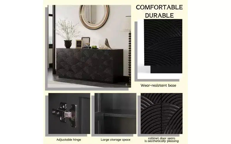 Buffet moderne à quatre portes de 150 cm, meuble de rangement rectangulaire avec dispositif anti-basculement indépendant, convient aux cuisines, noir
