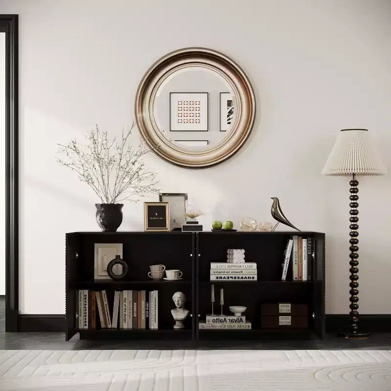 Buffet moderne à quatre portes de 150 cm, meuble de rangement rectangulaire avec dispositif anti-basculement indépendant, convient aux cuisines, noir