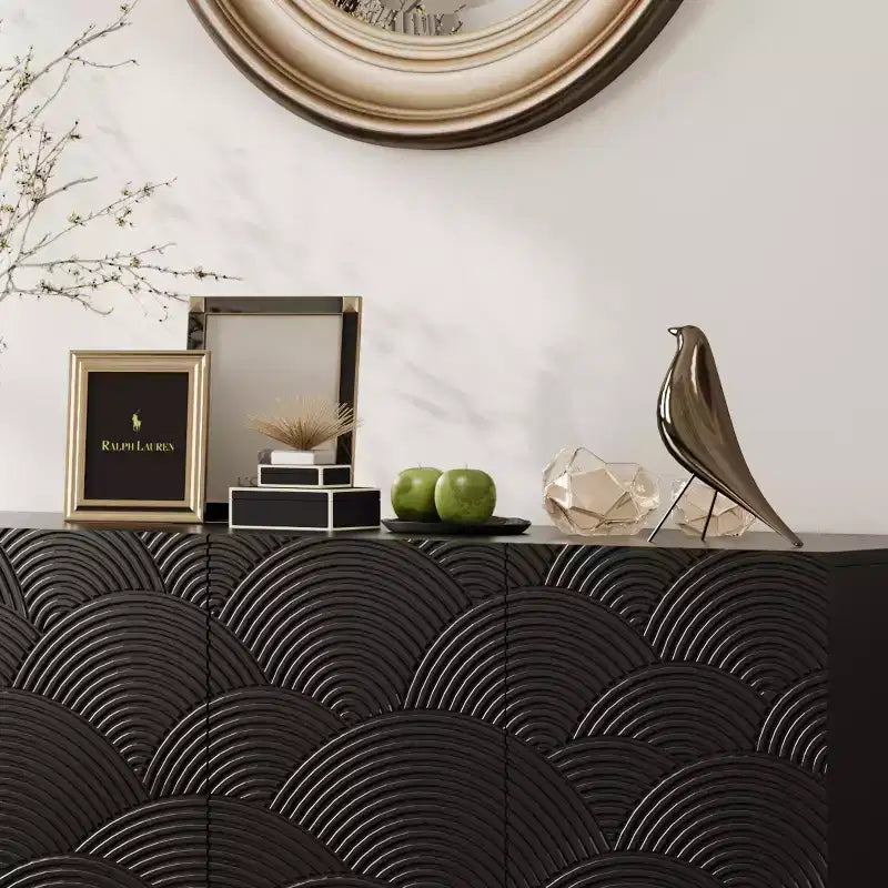 Buffet moderne à quatre portes de 150 cm, meuble de rangement rectangulaire avec dispositif anti-basculement indépendant, convient aux cuisines, noir