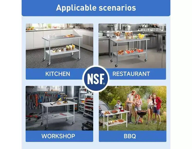 Table de travail de 48 x 30 pouces avec étagère inférieure – Table pliante robuste en acier inoxydable avec pied réglable, table de préparation alimentaire pour cuisine commerciale