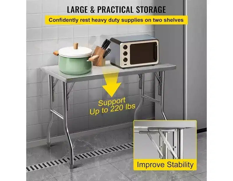 Table de travail de 48 x 30 pouces avec étagère inférieure – Table pliante robuste en acier inoxydable avec pied réglable, table de préparation alimentaire pour cuisine commerciale