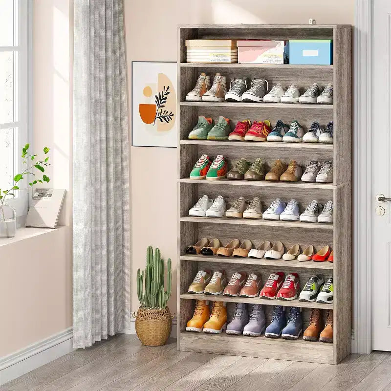 Lantine Tall 9-Tier Shoe Cabinet for 40-45 Pairs, Heavy Duty Wood Freestanding Storage for Entryway, 70.8 Inch, Beige Gray