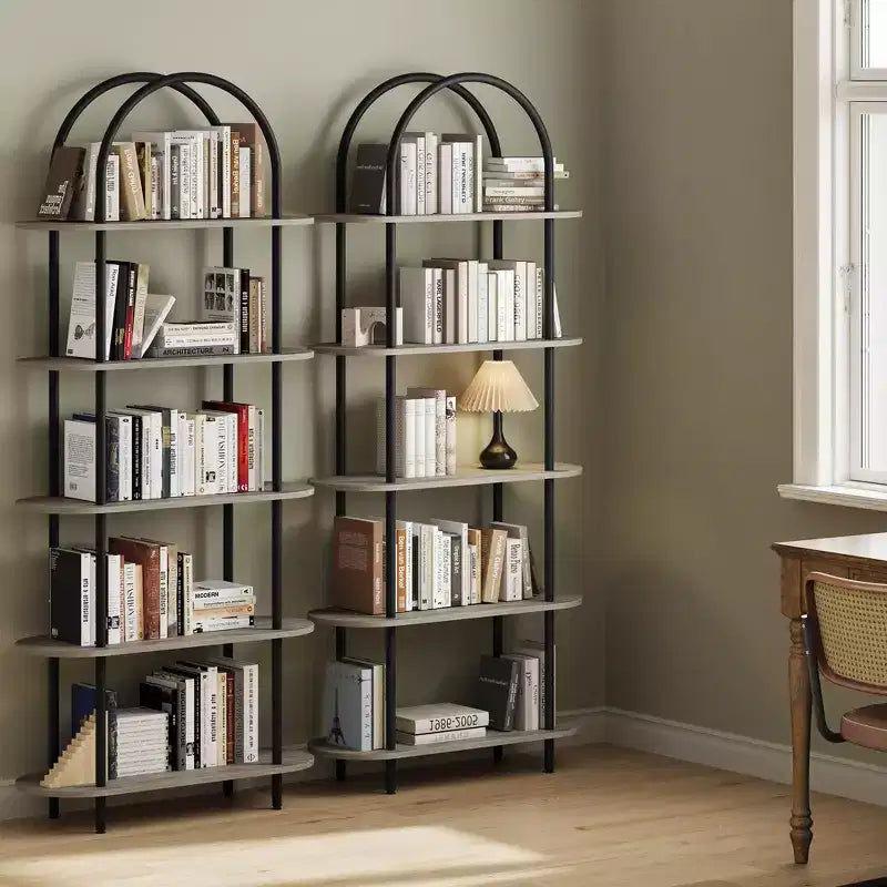 Étagère à livres arquée 71 po noire et gris graphite à 5 niveaux avec cadre en métal pour salon/chambre/bureau