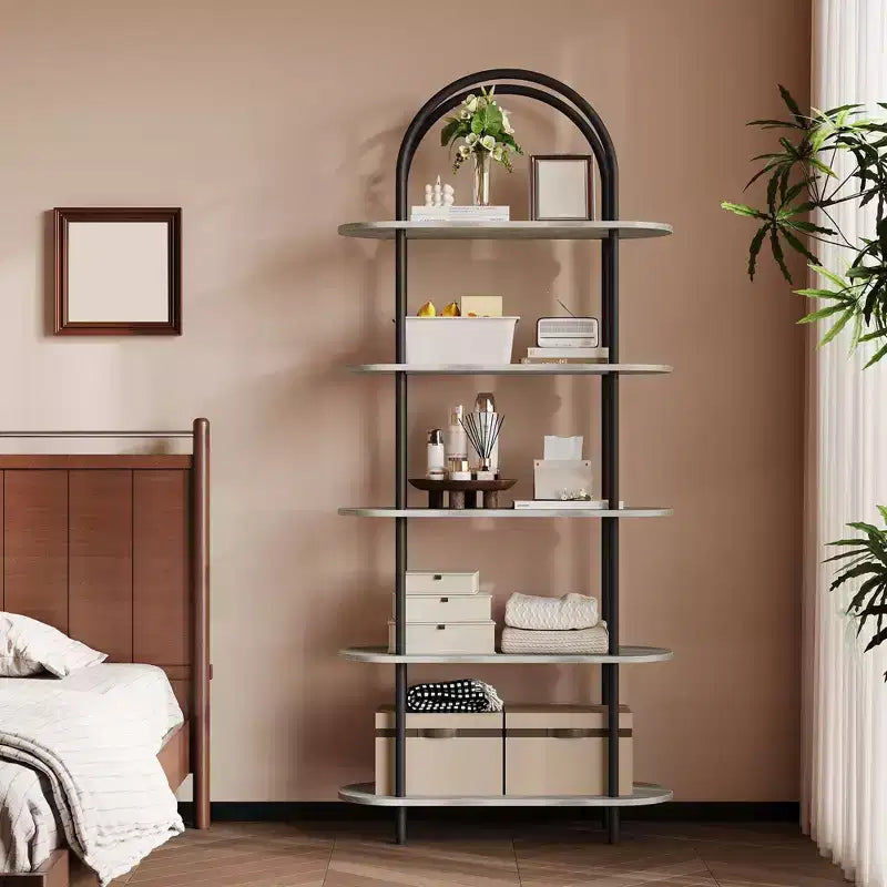 Étagère à livres arquée 71 po noire et gris graphite à 5 niveaux avec cadre en métal pour salon/chambre/bureau