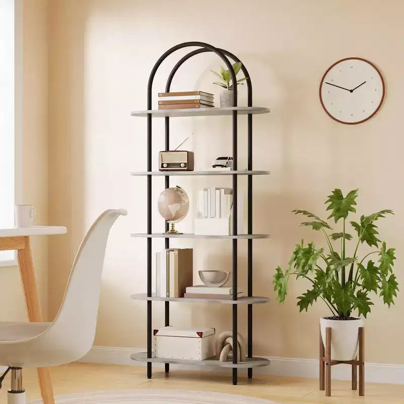 Étagère à livres arquée 71 po noire et gris graphite à 5 niveaux avec cadre en métal pour salon/chambre/bureau