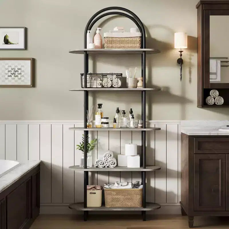 Étagère à livres arquée 71 po noire et gris graphite à 5 niveaux avec cadre en métal pour salon/chambre/bureau
