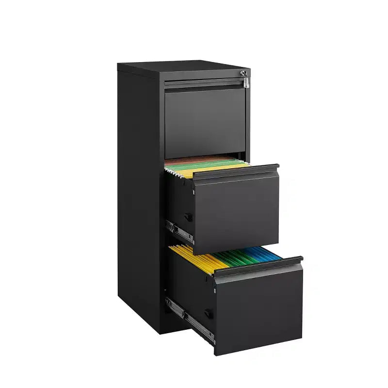 Classeur vertical à 3 tiroirs verrouillables, Armoire de rangement de bureau en métal noir (Anti-basculement pour dossiers format lettre/A4/légal)