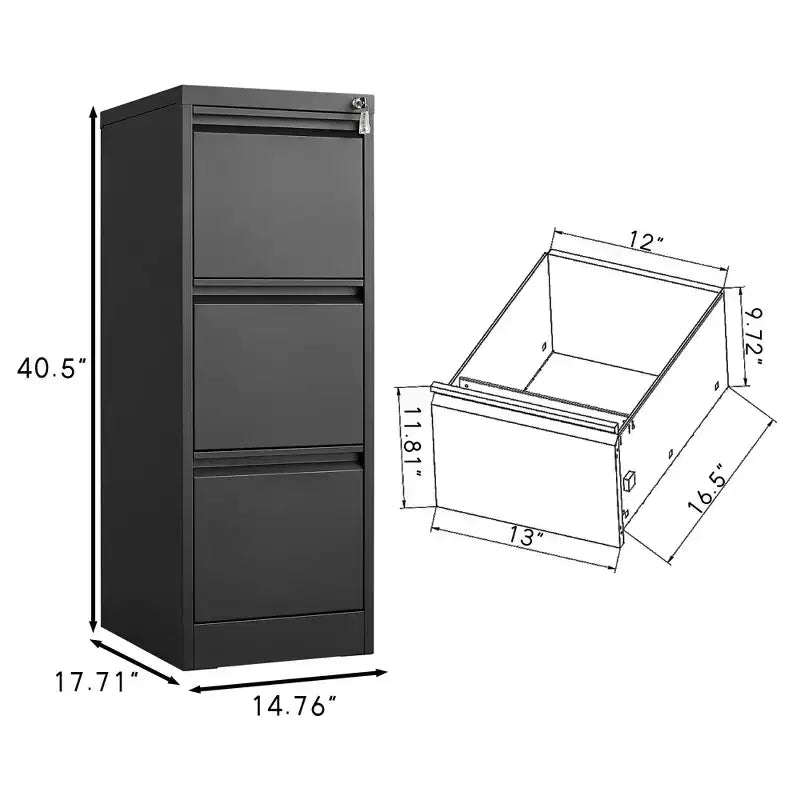 Classeur vertical à 3 tiroirs verrouillables, Armoire de rangement de bureau en métal noir (Anti-basculement pour dossiers format lettre/A4/légal)