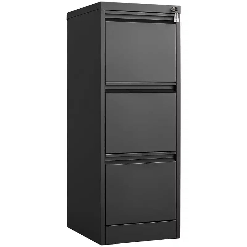 Classeur vertical à 3 tiroirs verrouillables, Armoire de rangement de bureau en métal noir (Anti-basculement pour dossiers format lettre/A4/légal)