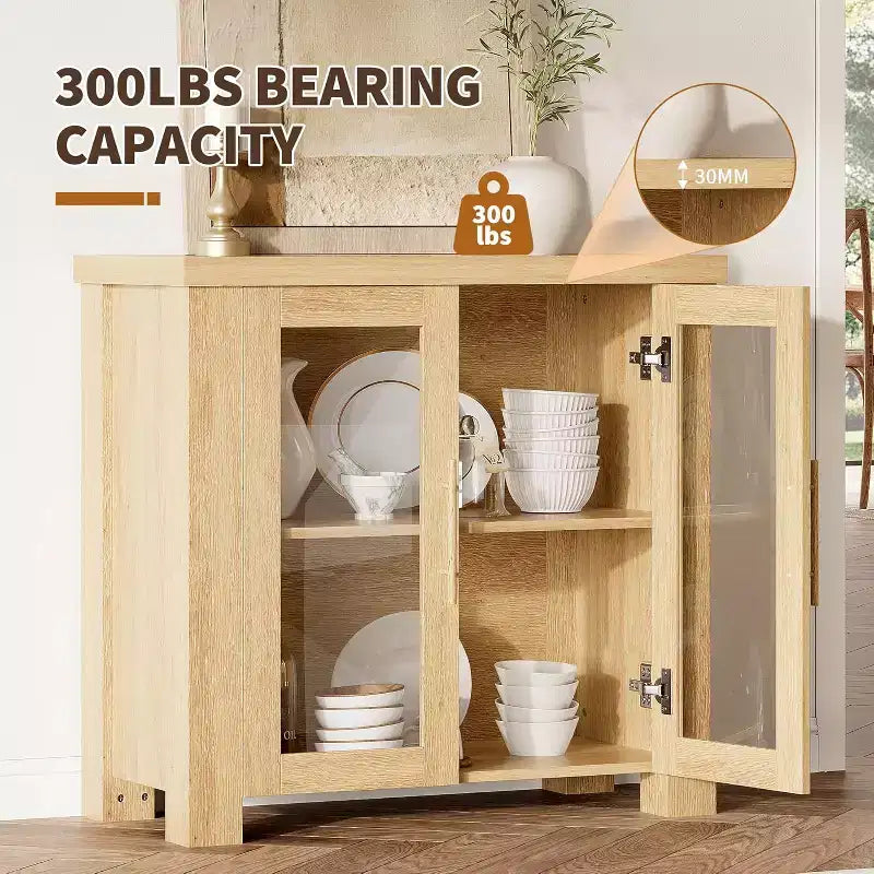 Buffet de cuisine 84 cm/150 cm avec portes en verre trempé – Meuble de rangement en bois pour salle à manger et salon