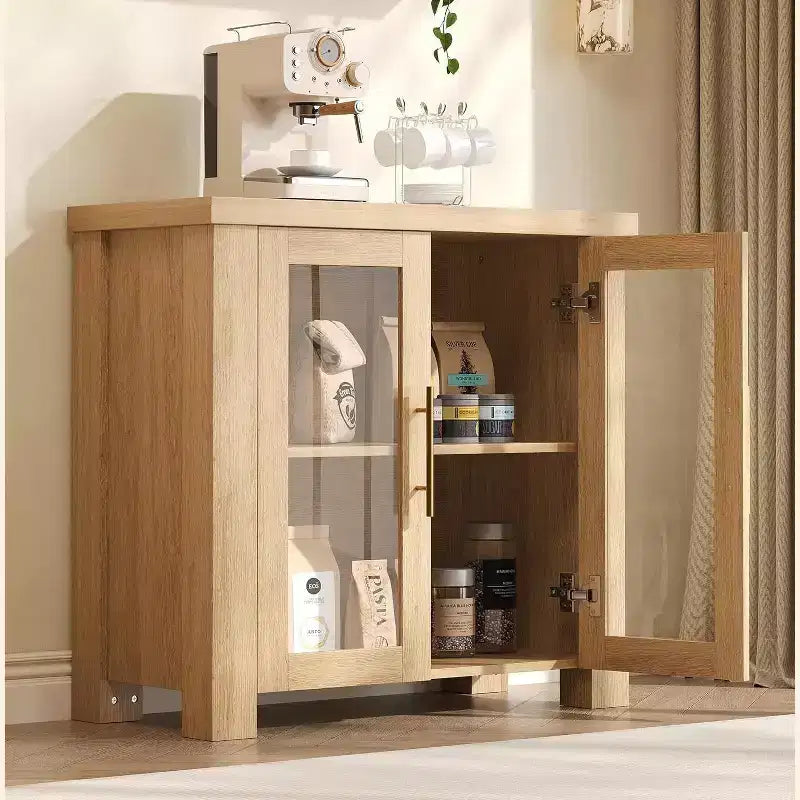 Buffet de cuisine 84 cm/150 cm avec portes en verre trempé – Meuble de rangement en bois pour salle à manger et salon