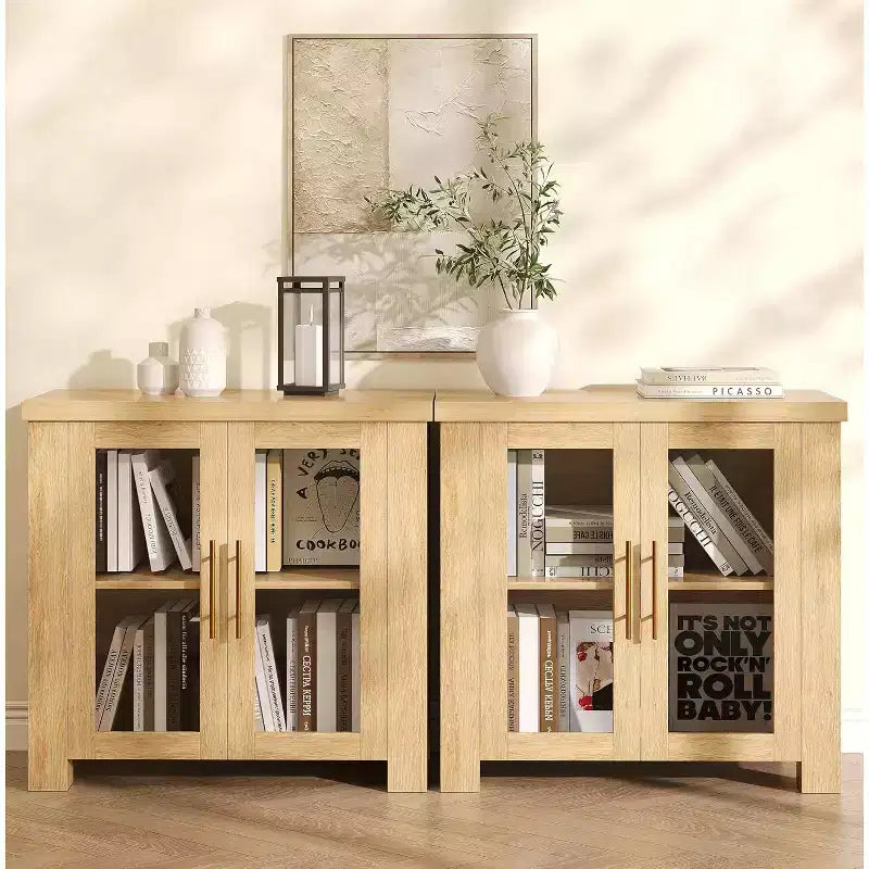 Buffet de cuisine 84 cm/150 cm avec portes en verre trempé – Meuble de rangement en bois pour salle à manger et salon